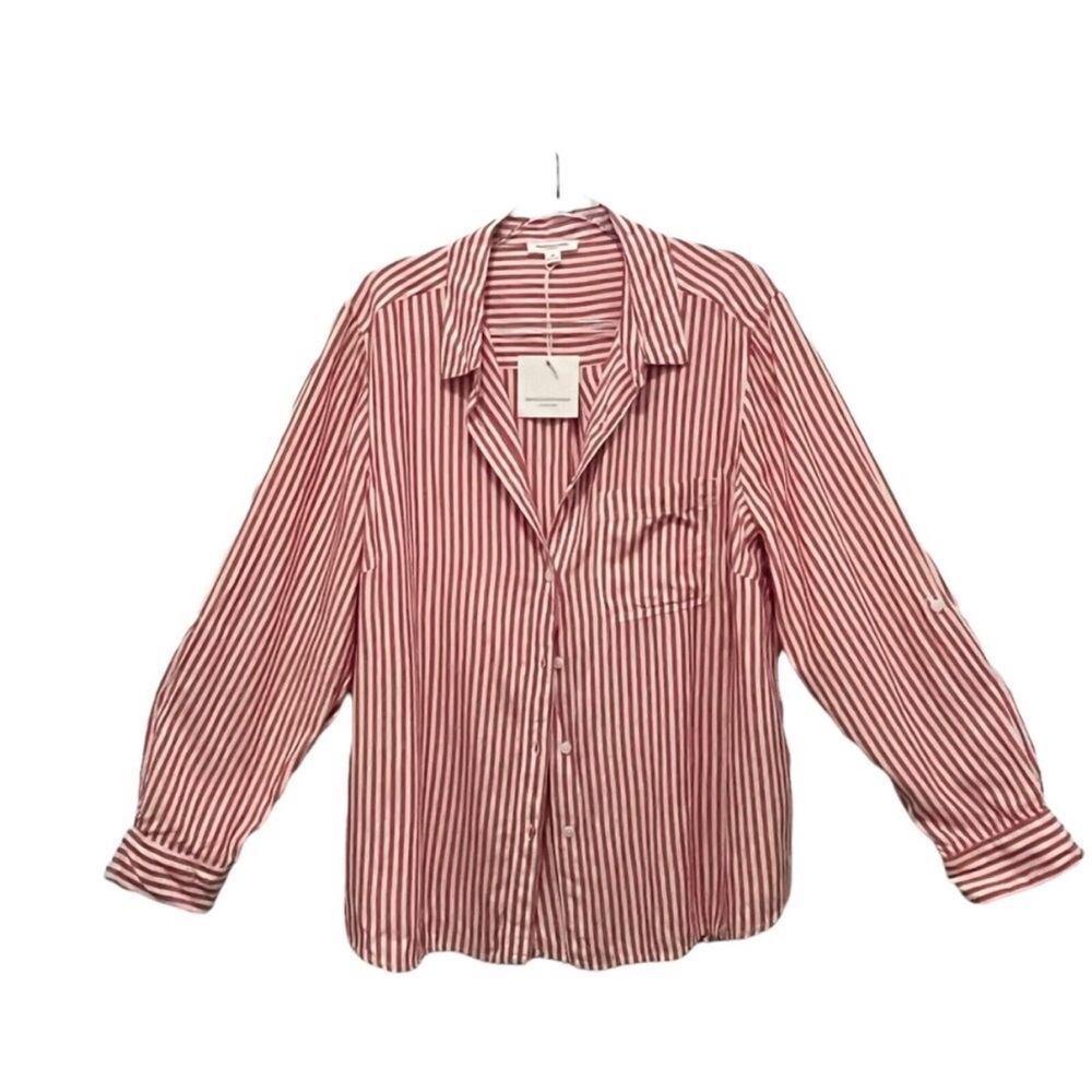 BeachLunchLounge Button Front Shirt Womens Red Striped Roll Tab Sleeves Size 2X